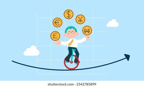 Forex, foreign exchange trading, invest in currency price or country economic speculation concept, businessman expert juggling money currency coins, dollar, euro, pound, japan yen and Korean won.