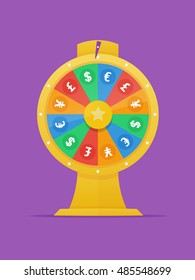 Forex golden wheel of fortune in flat style with dollar,euro, pound and yen currency symbols vector illustration