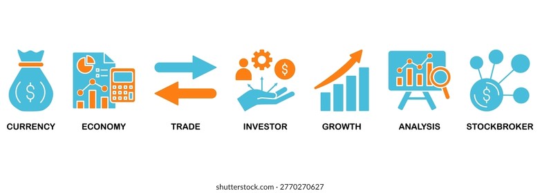 Forex icon set Aqua Orange Flat concept for currency, economy, trade, investor, growth, analysis and stockbroker