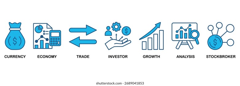 Ícone Forex definido em azul monocromático plano Design vetor conceito de ilustração para moeda, economia, comércio, investidor, crescimento, análise e corretor de ações