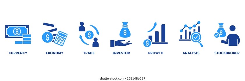 Ícone Forex conjunto ilustração ilustração conceito com ícone de moeda, economia, comércio, investidor, crescimento, análise, corretor de ações