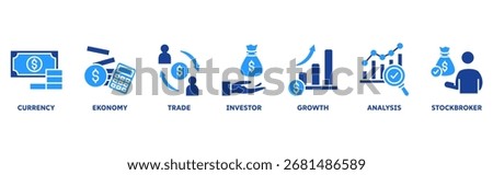 Forex icon set illustration illustration concept with icon of currency, economy, trade, investor, growth, analysis, stockbroker
