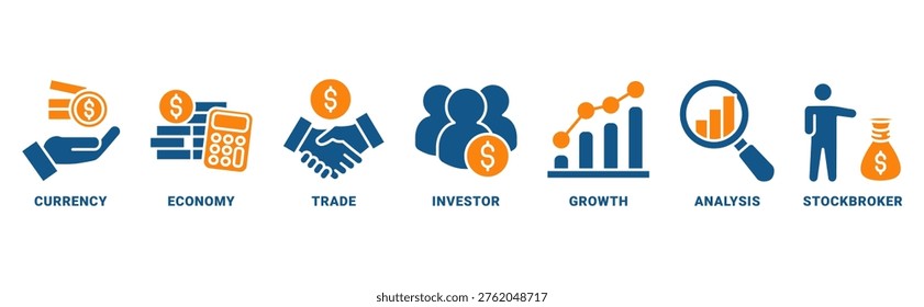 Forex icon set vector concept with icon of currency, economy, trade, investor, growth, analysis and stockbroker