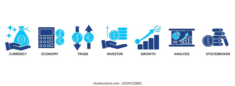 Forex Icon Set Vektorgrafik Konzept beziehen sich auf Währung, Wirtschaft, Handel, Investor, Wachstum, Analyse und Börsenmakler