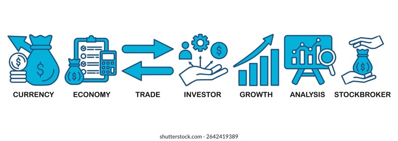 Concepto de Ilustración vectorial de conjunto de iconos de Forex con ícono de divisa, economía, comercio, inversor, crecimiento, análisis y corredor de bolsa