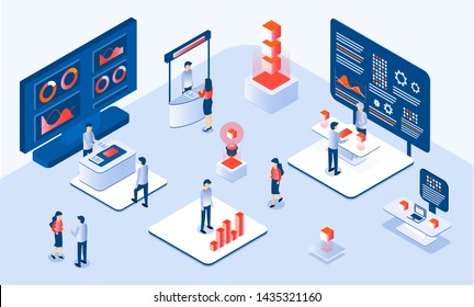 Forex Or Industrial Or Expo Center With People Looking At Expo Stands In Gallery Hall And Communicating With Staff 3D Isometric Vector.