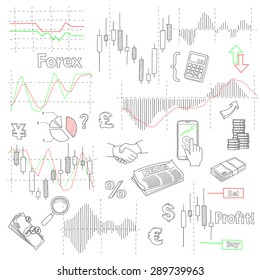 Forex market hand drawn vector background with business, financial data and diagrams