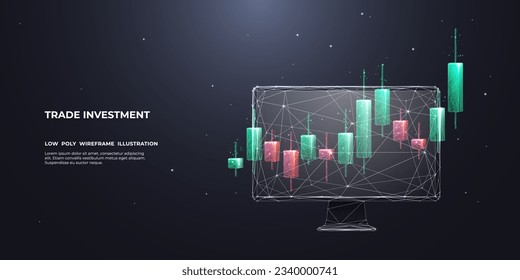 Forex market, news, and analysis. Application screen for trading. Digital stock market concept. Low poly candlesticks on an abstract computer monitor. Vector illustration in low poly style.