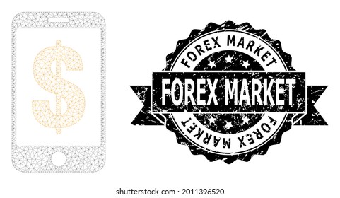 Sello de caucho en el mercado de divisas y estructura de malla de banco vectorial del dólar móvil. El sello negro contiene la etiqueta Forex Market dentro de cinta y rosette. Resumen del banco móvil en malla 2d,