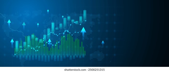 Forex market trading background. Bullish candlestick or market with arrow growth. Business concept vector.