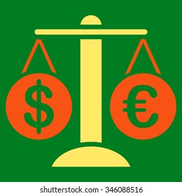 Forex Market vector icon. Style is bicolor flat symbol, orange and yellow colors, rounded angles, green background.