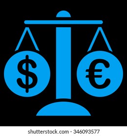 Forex Market vector icon. Style is flat symbol, blue color, rounded angles, black background.