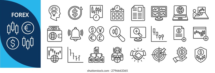 Forex outline icon set. Contain forex trading, currency pairs, foreign exchange, signals, strategy, psychology, indicators, market analysis, calendar, support resistance, candlestick, copy trading, auto trading