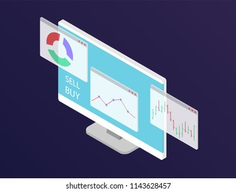 Forex stock chart. Isometry computer with stock data chart. Trading data visualization concept. Vector illustration.