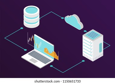 Forex stock chart. Isometry computer, laptop and smartphone with stock data chart. Trading data visualization concept. Vector illustration.