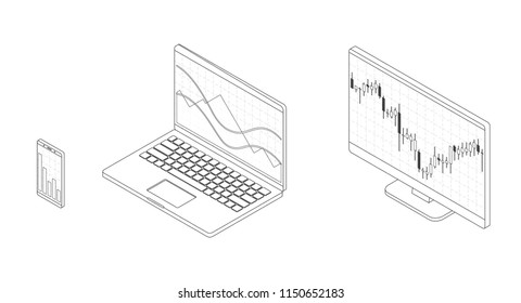 Forex stock chart. Isometry computer, laptop and smartphone with stock data chart. Trading data visualization concept. Vector illustration.