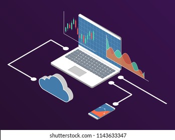 Forex stock chart. Isometry notebook and smartphone with stock data chart. Trading data visualization concept. Vector illustration.