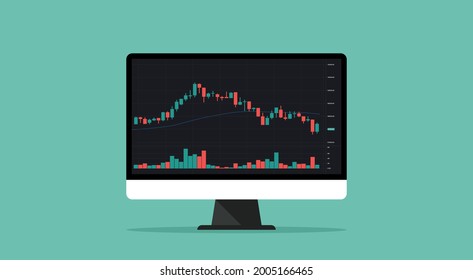 Forex, stock, cryptocurrency trade on computer monitor with financial chart to buy and sell for exchange market concept, flat vector illustration