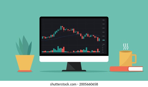Forex, stock, cryptocurrency trade on computer with financial chart to buy and sell for exchange market concept, flat vector illustration