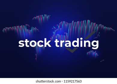 Forex stock exchange graph global business. Financial graph chart. Investment trading on dark background. A world map in the form of a bar graph. Vector illustration.