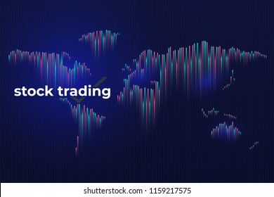 Forex stock exchange graph global business. Investment trading on dark background. A world map in the form of a bar graph. Template for the site of trade on the exchange. Vector illustration.