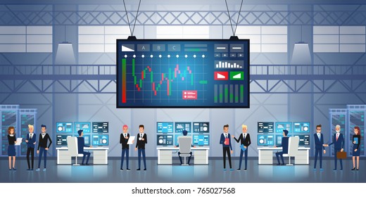Forex Stock Exchange Graph Global Business. Successful team. Group of young business people working together. Big screen with Stock market trading graph and candlestick chart. Vector illustration