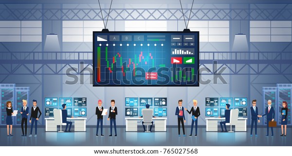 Forex証券取引所グラフグローバルビジネス成功したチーム 一緒に働く若いビジネス マンのグループ 株式市場の取引グラフとろうそく立てグラフの付いた大画面 ベクターイラスト のベクター画像素材 ロイヤリティフリー