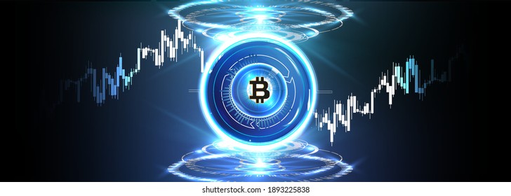 Forex, stock market trading chart vector banner; business finance abstract background. Crypto Currency Bitcoin On Blue Background Digital Web Money Modern Technology Banner
