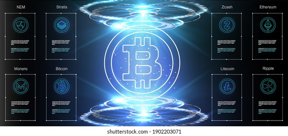 Forex, stock market trading chart vector banner; business finance abstract background. Crypto Currency Bitcoin On Blue Background Digital Web Money Modern Technology Banner