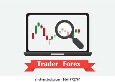 Forex stock trade promo page with laptop flat design vector illustration.