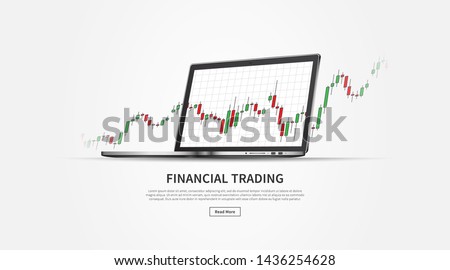 Forex stock trade promo page with laptop (notebook) vector illustration. Web banner template for trading companies graphic design. Financial chart to buy and sell for stock exchange market concept.