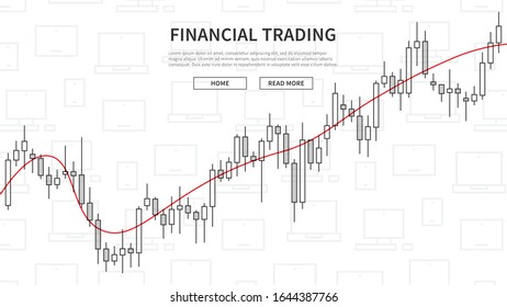 Forex trade chart on electronic devices background vector illustration. Financial market candlestick graph webpage banner. Forex trading graphic design concept.