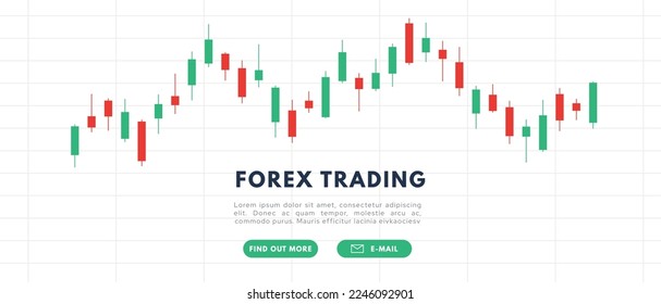 Forex Trading banner. Stock market candlestick, chart green and red japanese candle stick. Chart of buy and sell indicators vector illustration