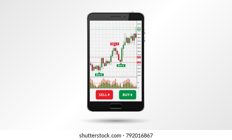 Forex trading candlestick chart on mobile screen vector illustration. Stock exchange market graph on smartphone creative concept. Forex trade chart graphic design.