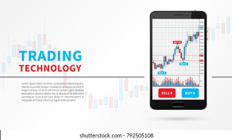 Forex trading candlestick chart on mobile screen vector illustration. Stock exchange market graph on smartphone creative concept. Stock trading technology graphic design.