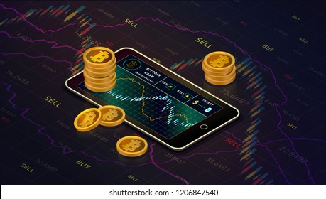 Forex trading chart online. Stocks market and strategy for financial analysis. Exchange mobile application. Candlestick business graph with indicators. Cryptocurrency gold bitcoins trading. Isometric