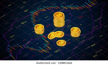 Forex trading chart online with stocks market and strategy for financial analysis. Candlestick business graph with indicators. Cryptocurrency gold bitcoins trading. Isometric vector background images.