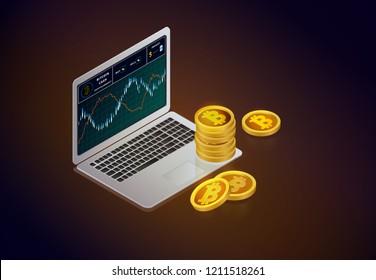 
Forex trading chart online. Stocks market trade and strategy for financial analytics on screen laptop. 
Candlestick business graph with indicators. Cryptocurrency gold bitcoins trading. 3d isometric
