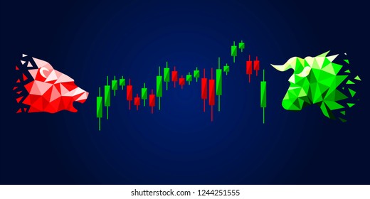 Forex trading concept. Stock market business infographics with silhouettes of bear, bull and candllestick chart. Vector illustration low poly style