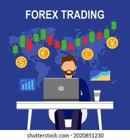 Forex trading concept vector illustration. Investor trading Forex via laptop computer with candlestick graph and currency coins in flat design.