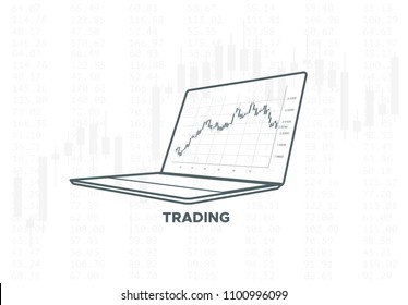 Forex trading graph. Vector financial technology illustration. Investment strategies or online cross platform trading concept. Laptop device with candlestick chart. Stock exchange indicators.