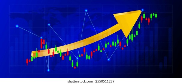 forex trading green and red candlestick charts The image features a vibrant blue background with a world map outline, A prominent golden upward-trending arrow cuts through the center 