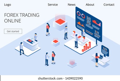 	
Forex Trading Horizontal Banner. Composition Of Trade Ctall In Expo Center With Cients, Stuff Looking At Stand With Graphs. 3D Isometric Vector For Landing Page, Flyer, App.