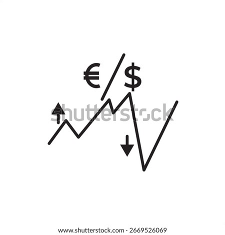 Forex trading icon with euro and dollar symbols, arrows, and market chart line. Ideal for finance, investment, currency exchange, trading platforms, forex brokers, and economic analysis.