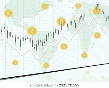Forex Trading Illustration with Candlesticks and Fluctuating Arrow - Cryptocurrency, Indian Rupee, Dollar Currency Symbols