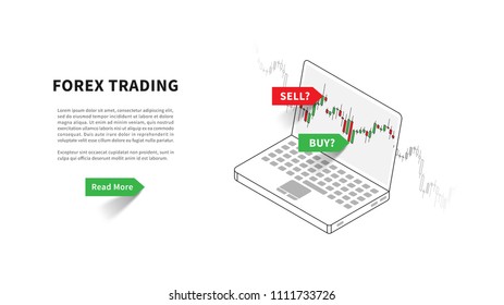 Forex trading landing page vector illustration. Laptop with trading candlestick chart (graph) graphic design. Landing page template for fintech projects.