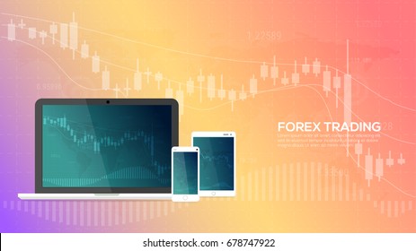 Forex trading on notebook, tablet, smartphone business concept graphic background.