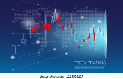 Forex Trading on world map background vector illustration. Candle Stick chart  for forex trade