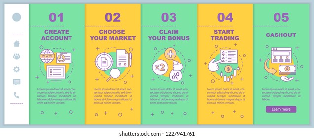 Forex trading onboarding mobile web pages vector template. Stock market business. Responsive smartphone website interface with linear illustrations. Webpage walkthrough step screens. Color concept