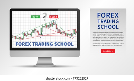 Forex Trading School vector illustration. Stock market strategies and online trading candlestick chart on desktop computer concept. Online forex trading education graphic design.